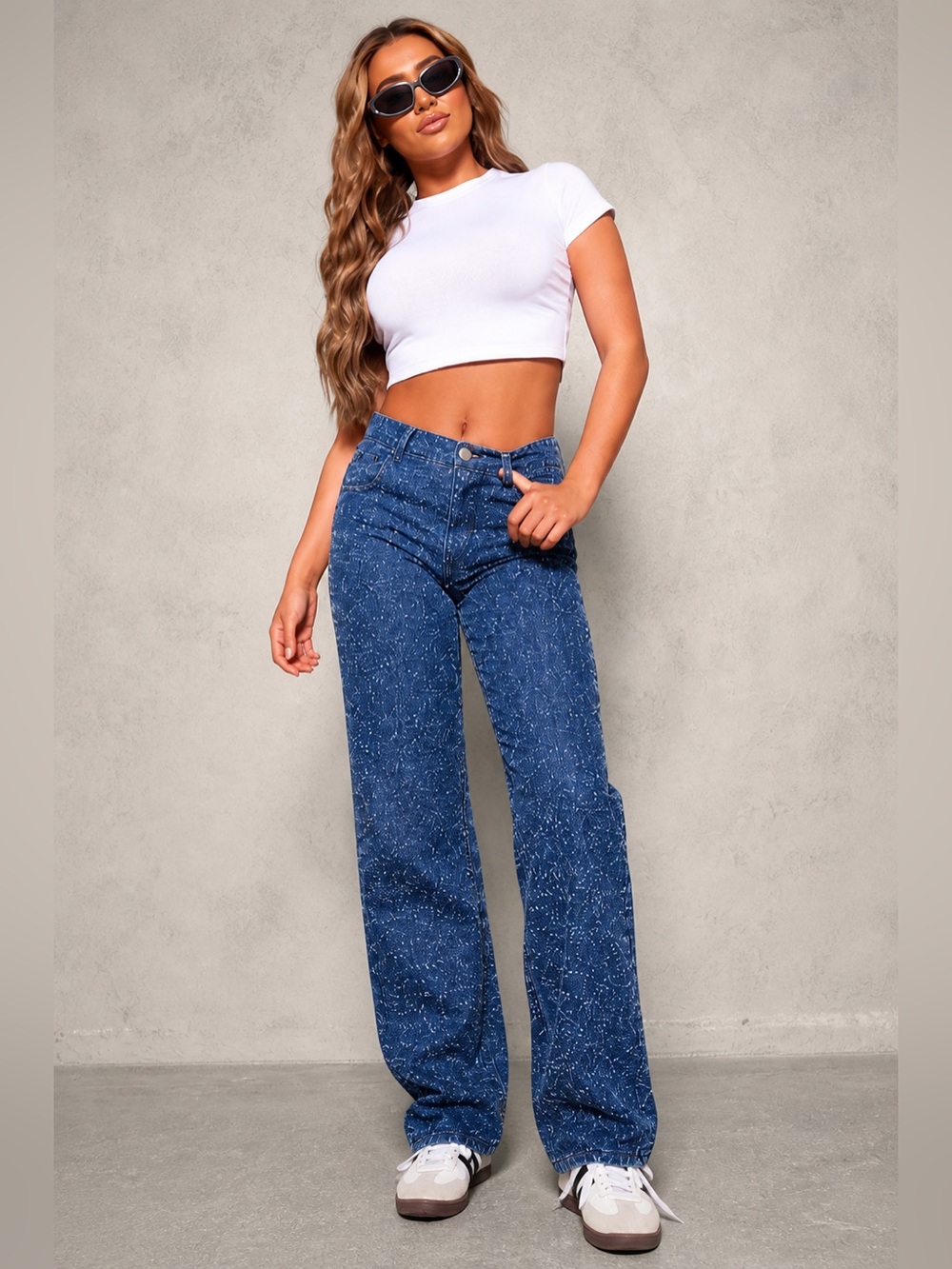 PrettyLittleThing Blue Textured Wide Leg Jeans High Waist Size 8 NWT